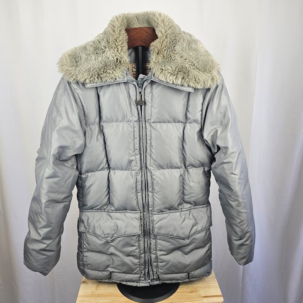 Walls Blizzard-Pruf Vintage Down Puffer Jacket Mens 38 Gray Faux Fur Retro